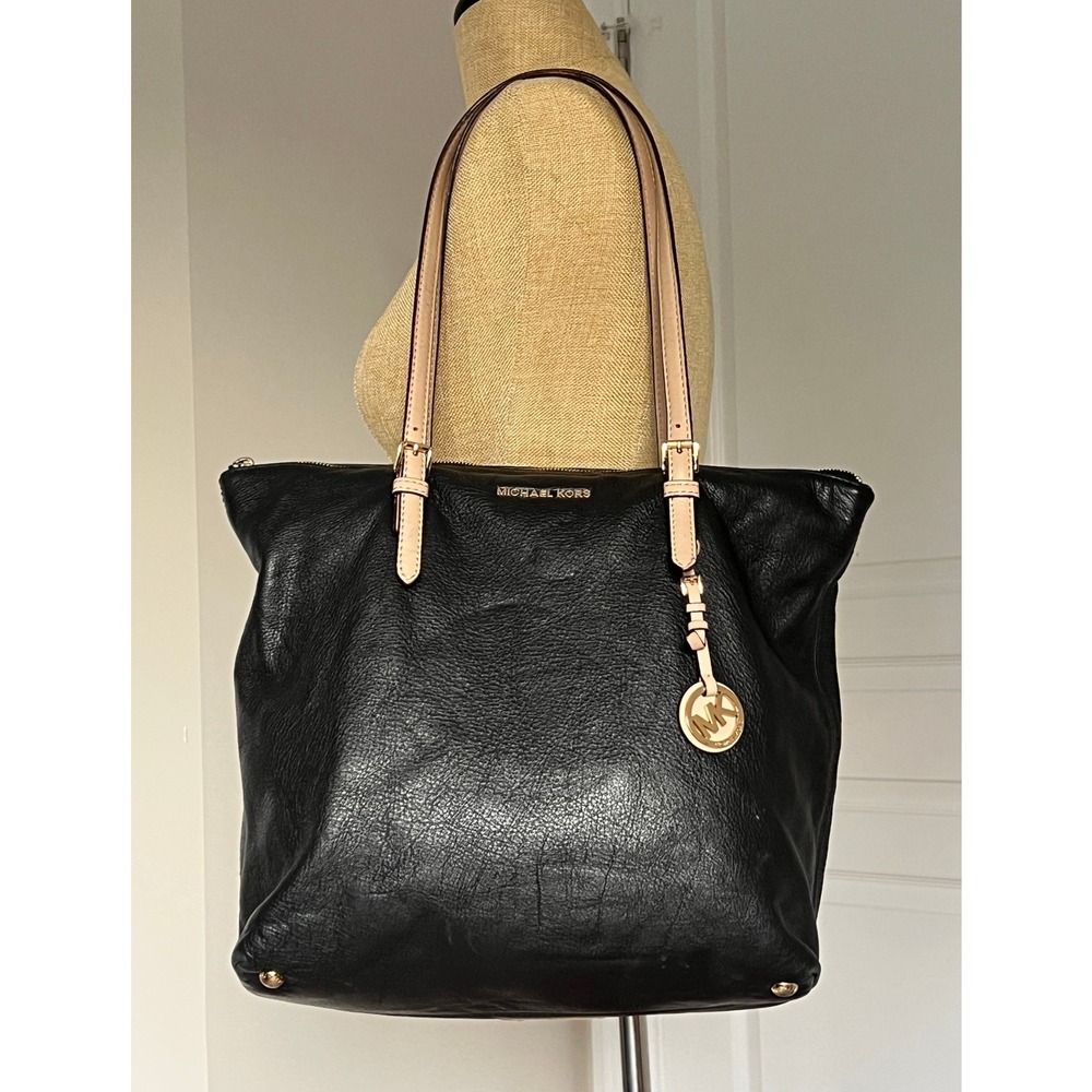 Michael Kors Bedford Black Pebbled Leather Tote Bag Tan Straps Gold Hardware